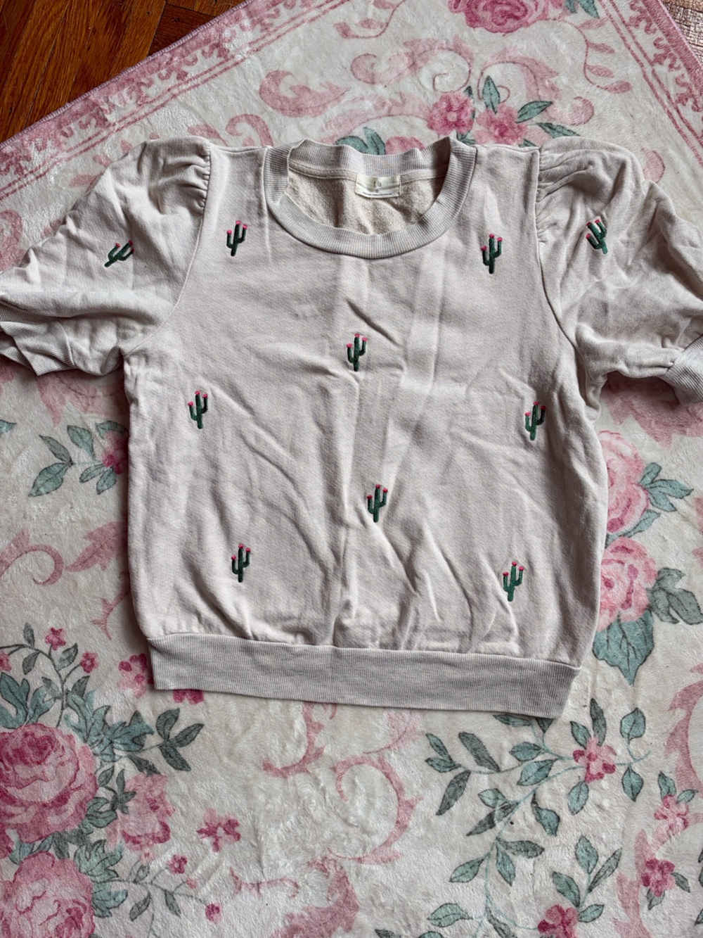 Anthropologie T.LA Cactus Embroidered Puff Sleeve Short Sleeve Sweatshirt